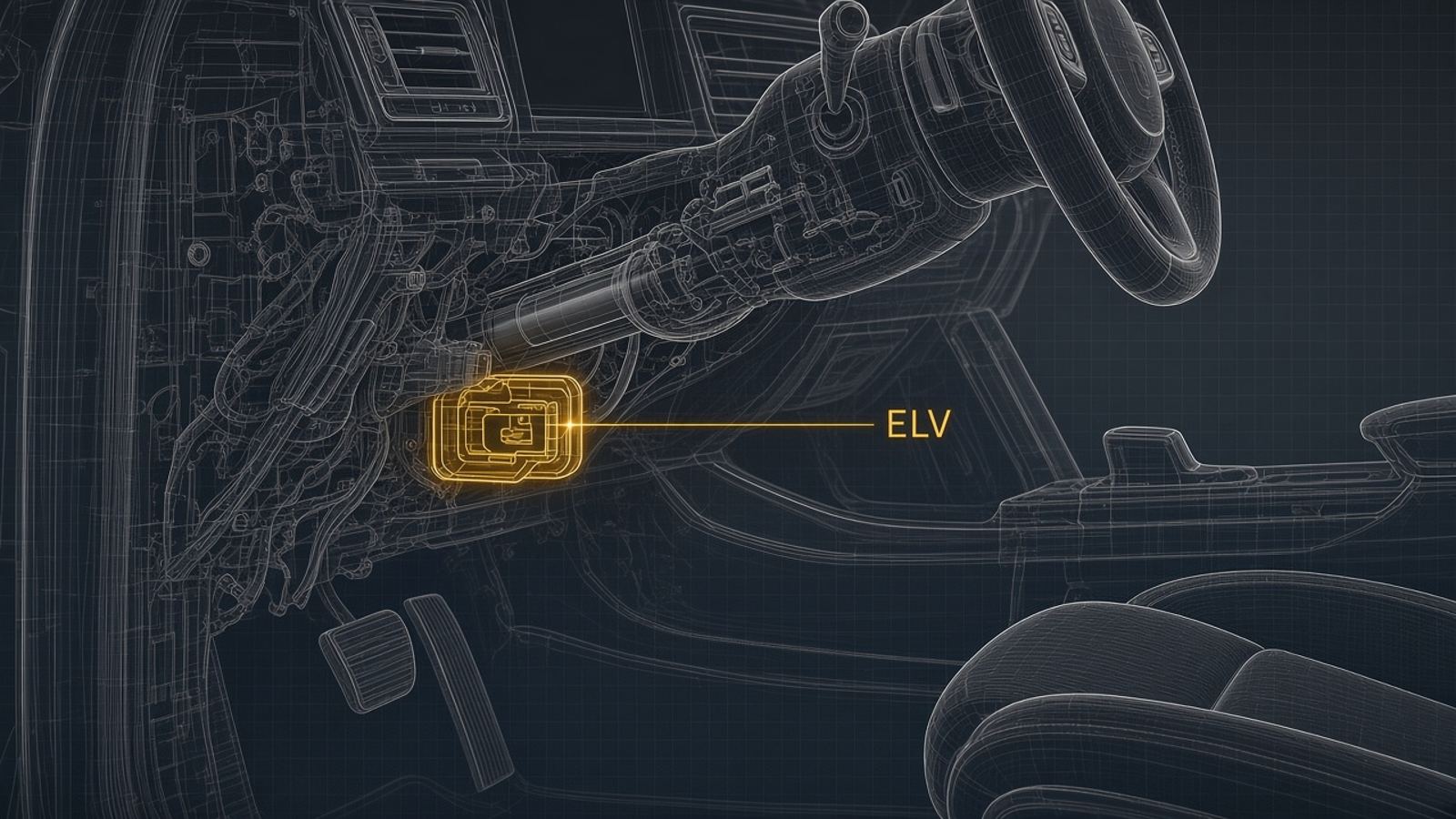 Blueprint showing the Mercedes ELV steering lock mounted deep on the steering column near the pedals