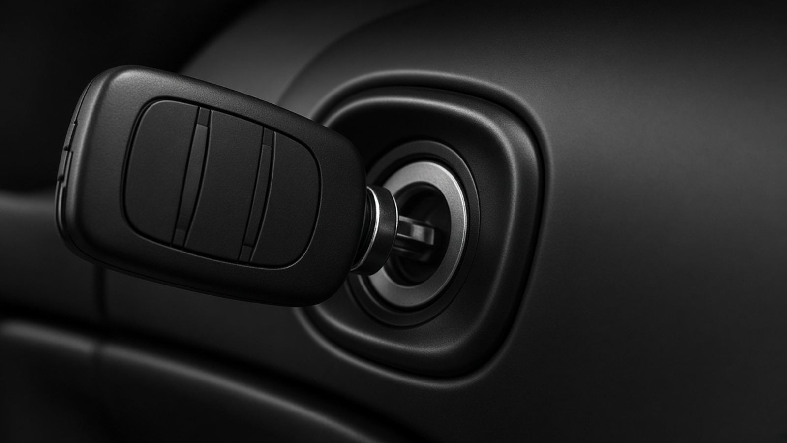 Black car key fob inserted in an electronic ignition slot on a dark dashboard, in black and white