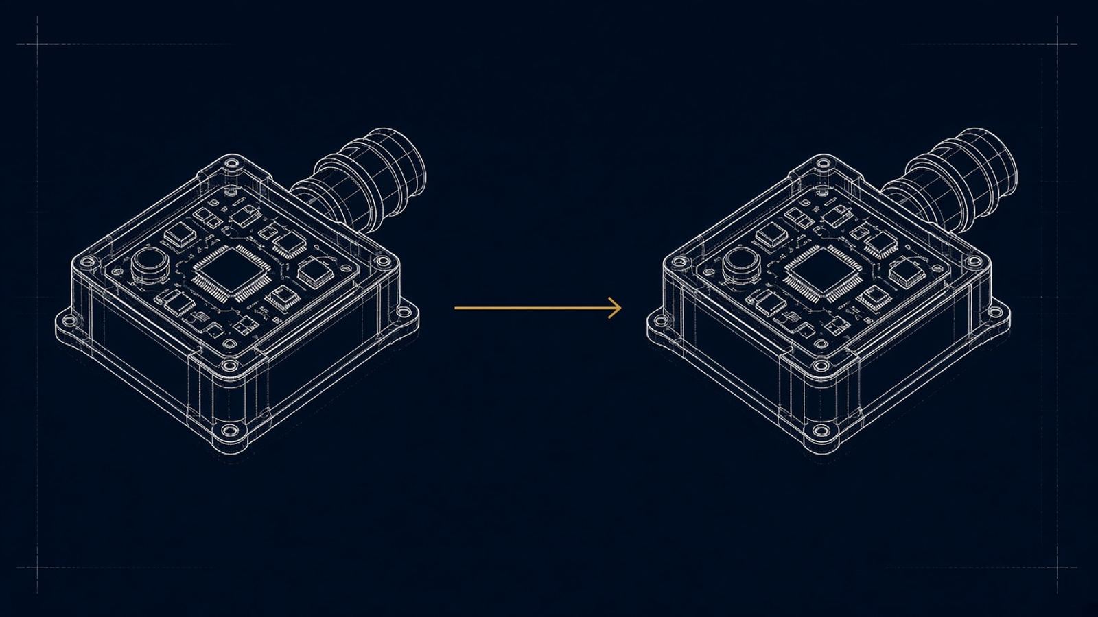 Blueprint-style line drawing of two identical ignition switch modules with a gold arrow showing data copied from one to the other