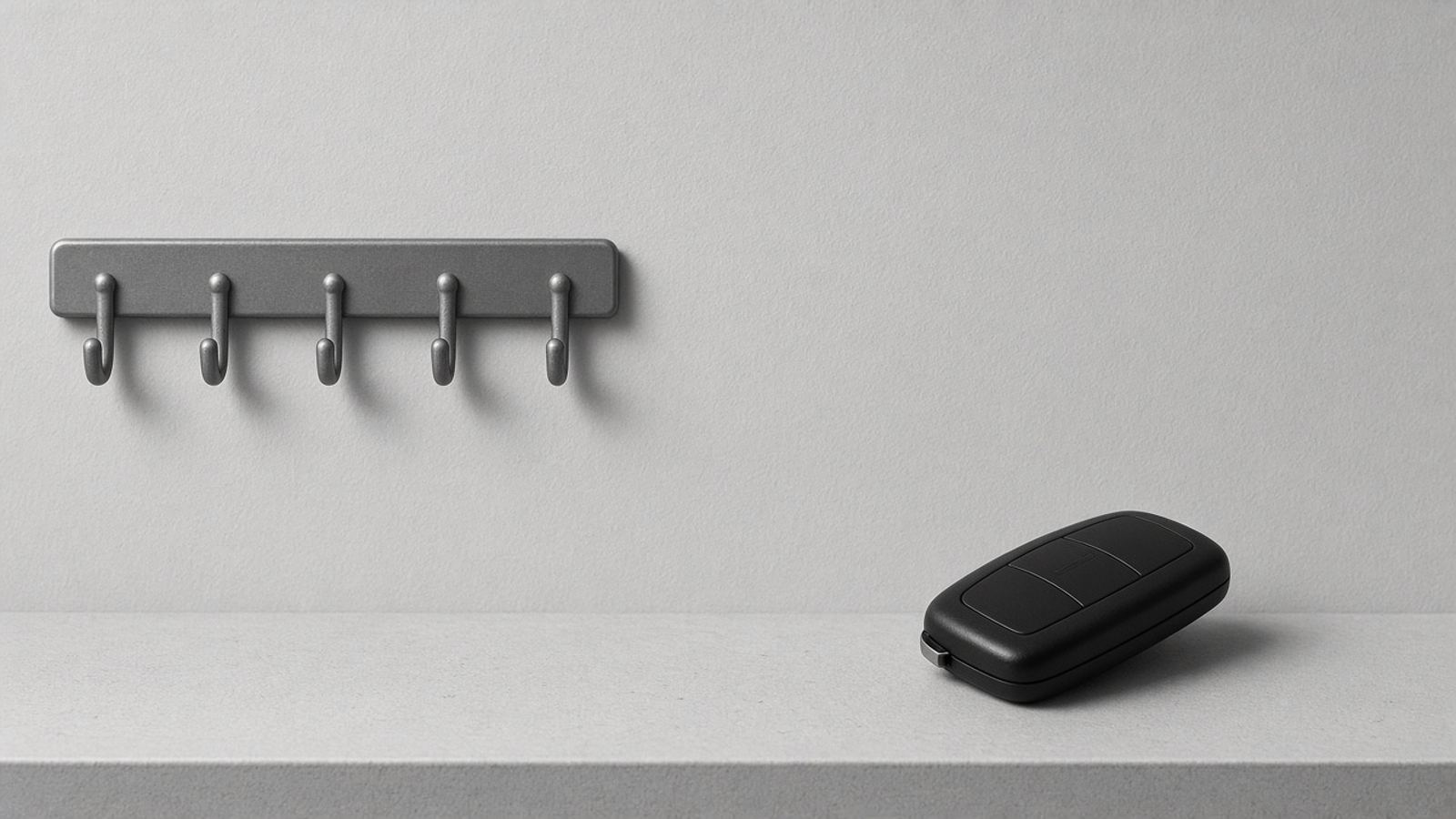 Empty key rack on a grey wall above a shelf holding a single black car key fob, in black and white