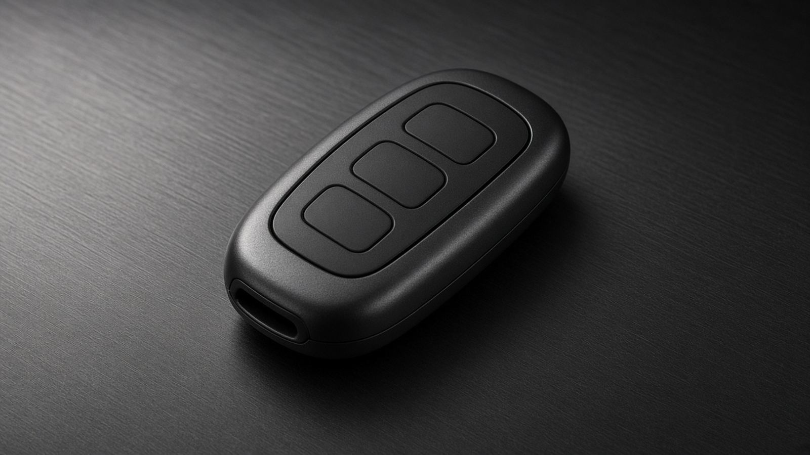 Black three-button car key fob on a dark brushed-metal surface, in black and white
